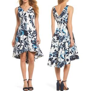 Eliza J white & blue floral hi lo full skirt v-neck formal party dress womens 12